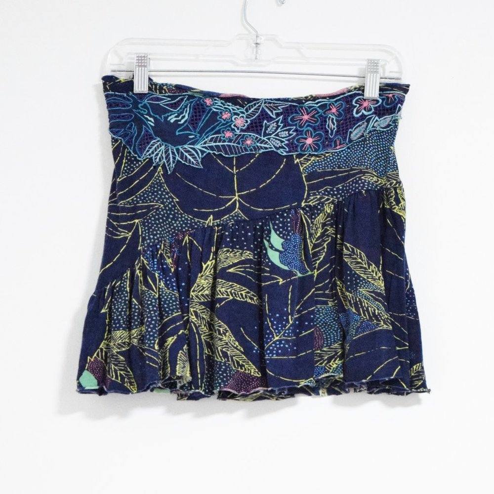 ANTHROPOLOGIE LUX Navy Blue Embroidered Cottagecore Flare Mini Skirt | Size M